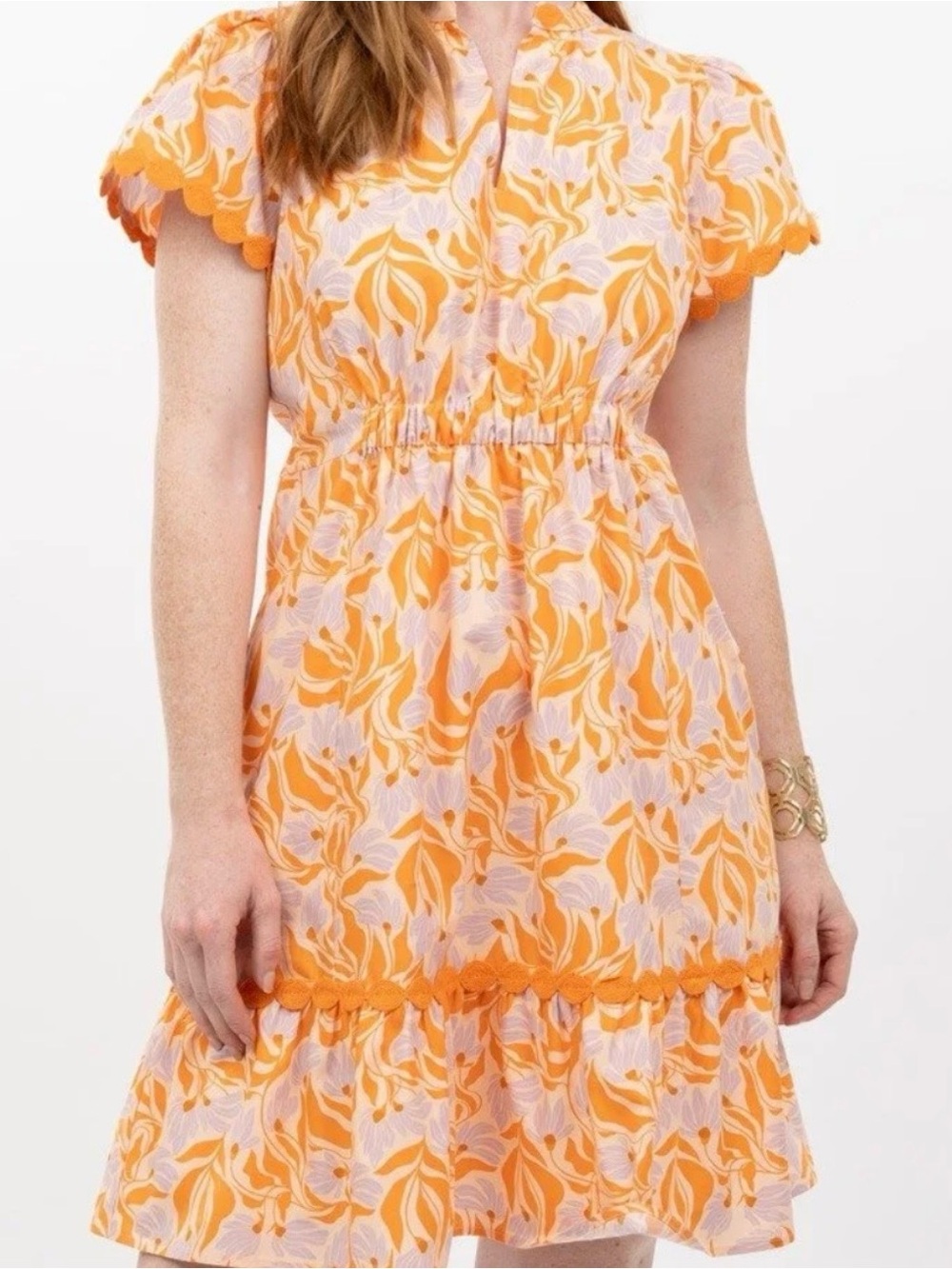 Uncle Frank Orange Pink Floral Tiered Dress with Scalloped Trim wind dance large